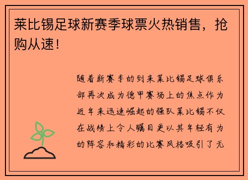 莱比锡足球新赛季球票火热销售，抢购从速！